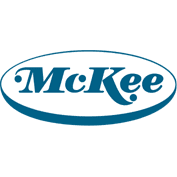 A blue and white logo of mckee.