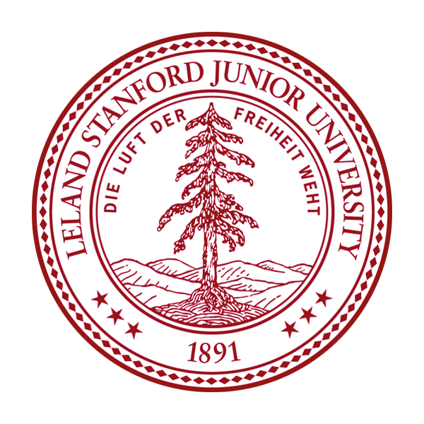 A red and white seal of the stanford university.